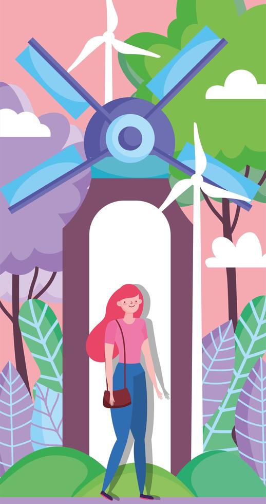 woman with wind energy turbines for ecology concept vector