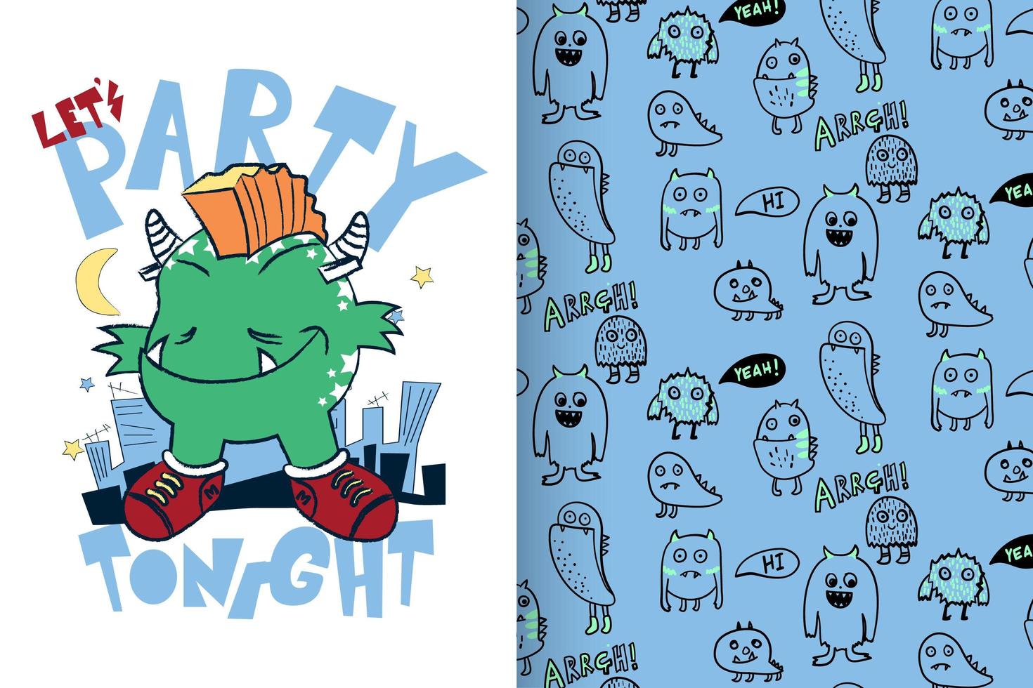 Hand drawn cute monster with pattern set vector