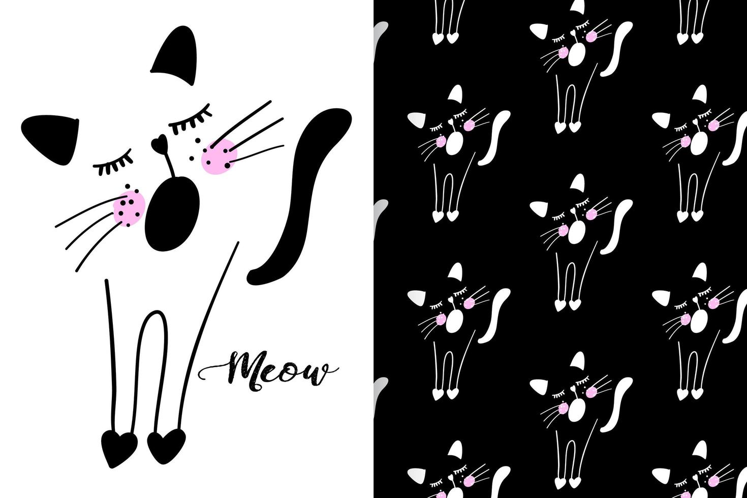 Hand drawn cute kitty with pattern set vector