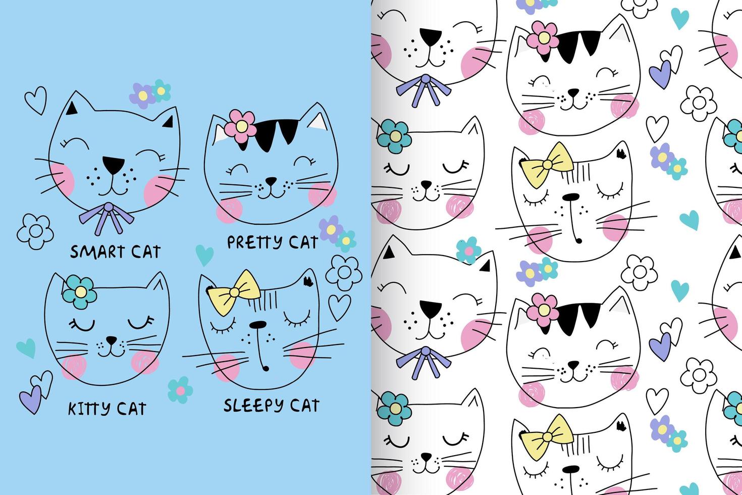 Hand drawn cute kitty with pattern set vector