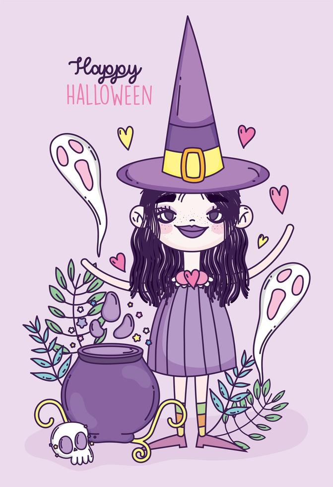 Cute Halloween poster with little witch vector