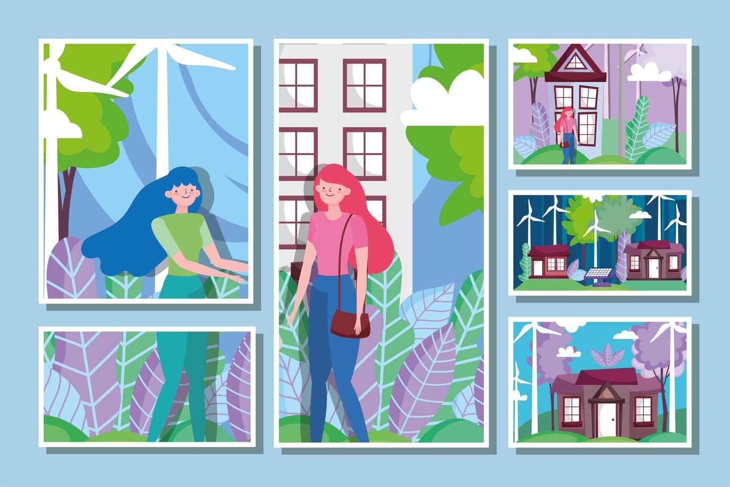 Women with windmills energy for ecology concept vector