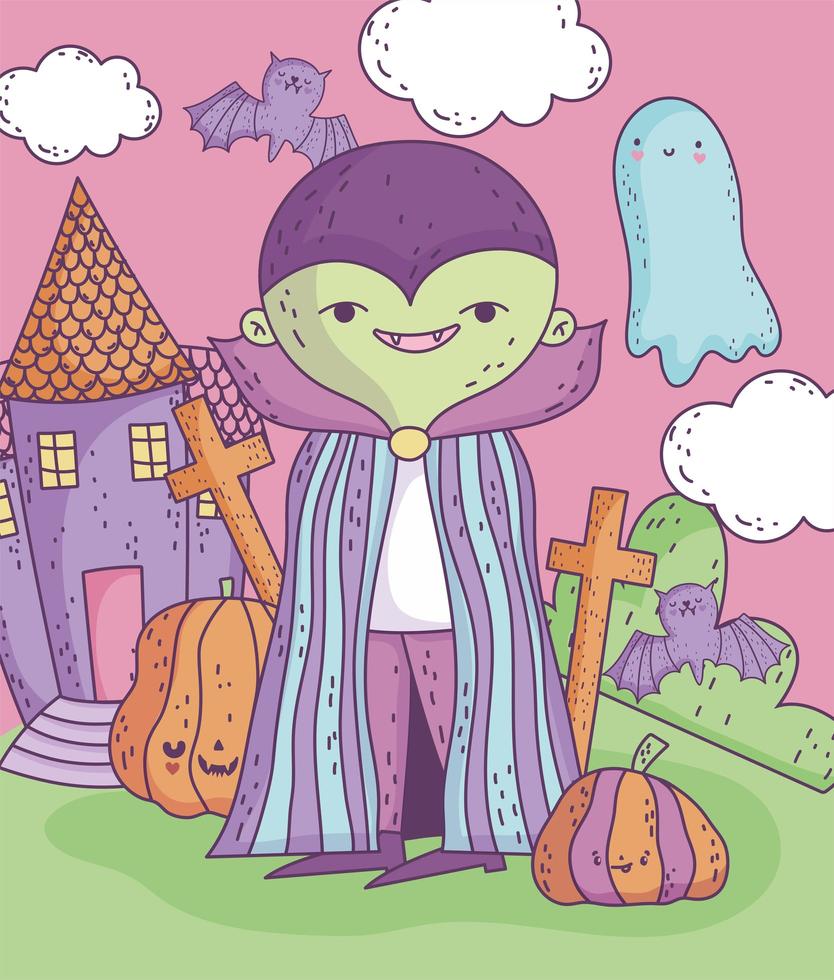 lindo cartel de halloween con personaje de vampiro vector