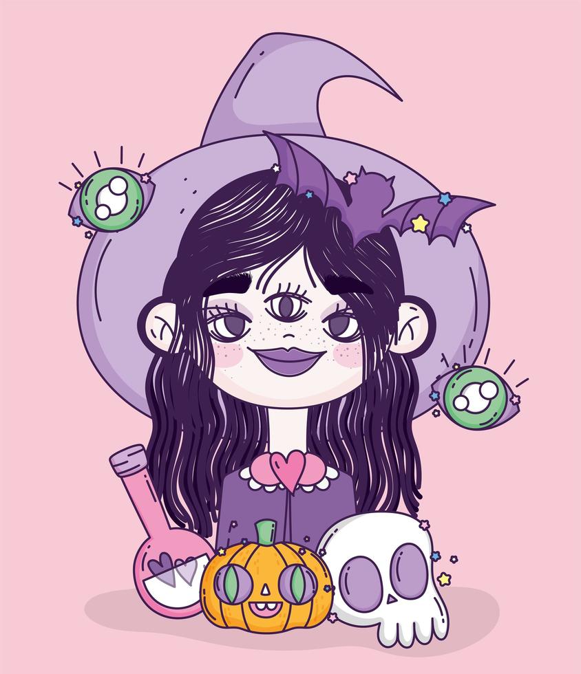 Cute Halloween poster with little witch vector
