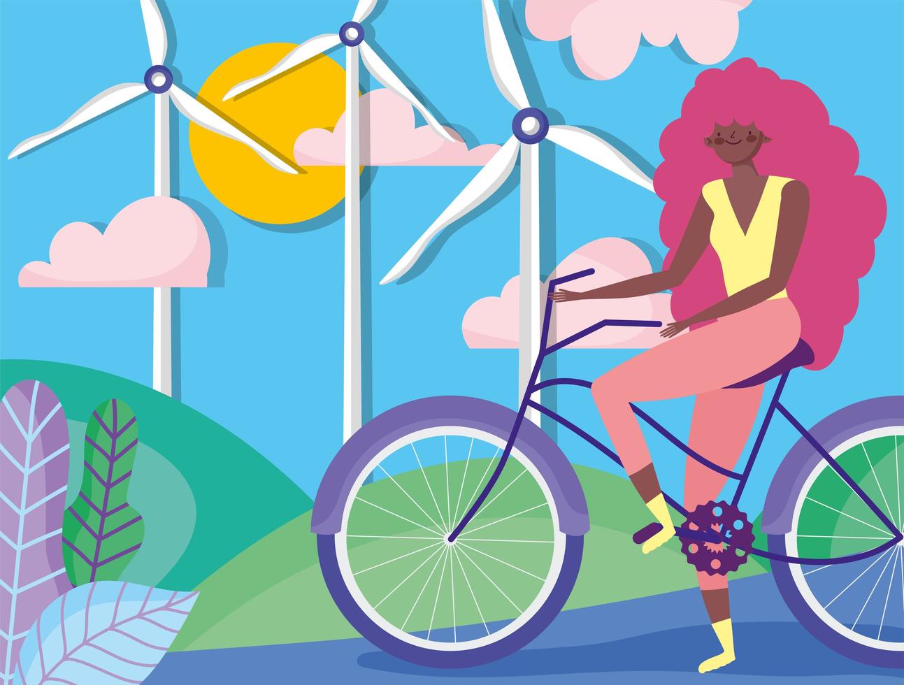 woman riding a bike by wind turbines and solar panels vector