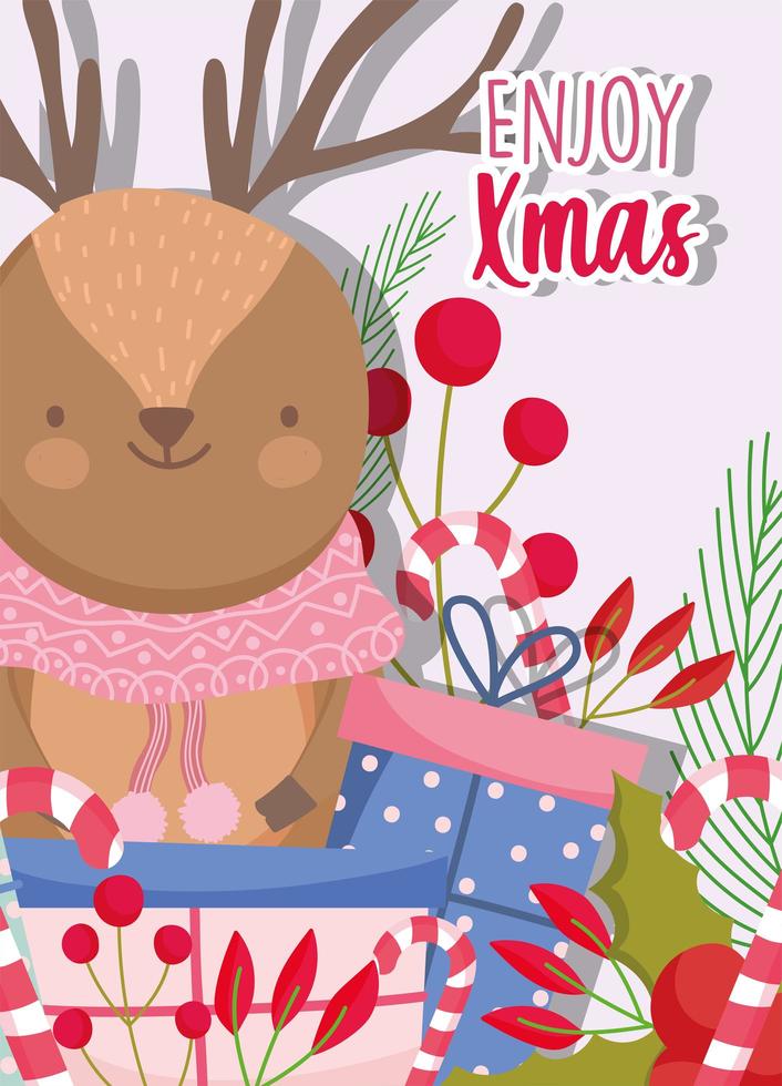 cute winter reindeer with scarf, berries and foliage for Christmas vector