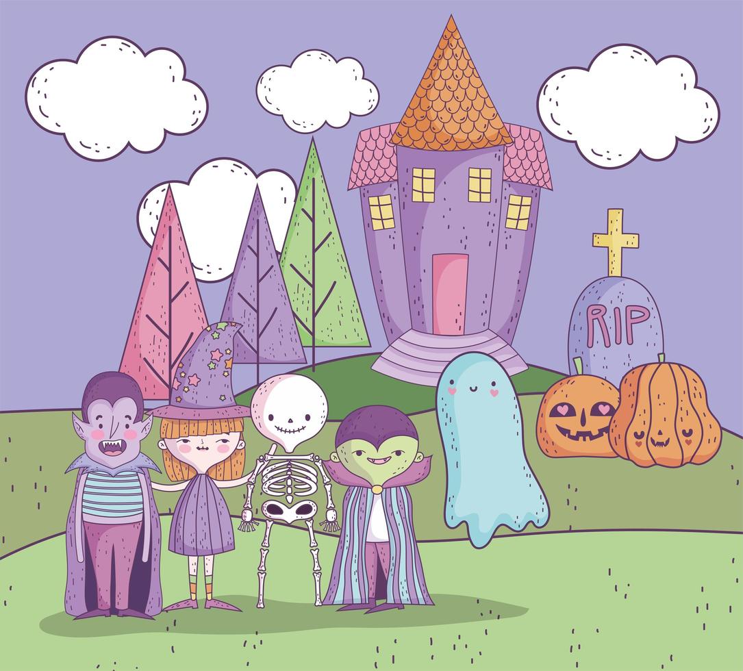 lindo cartel de halloween con pequeños personajes vector