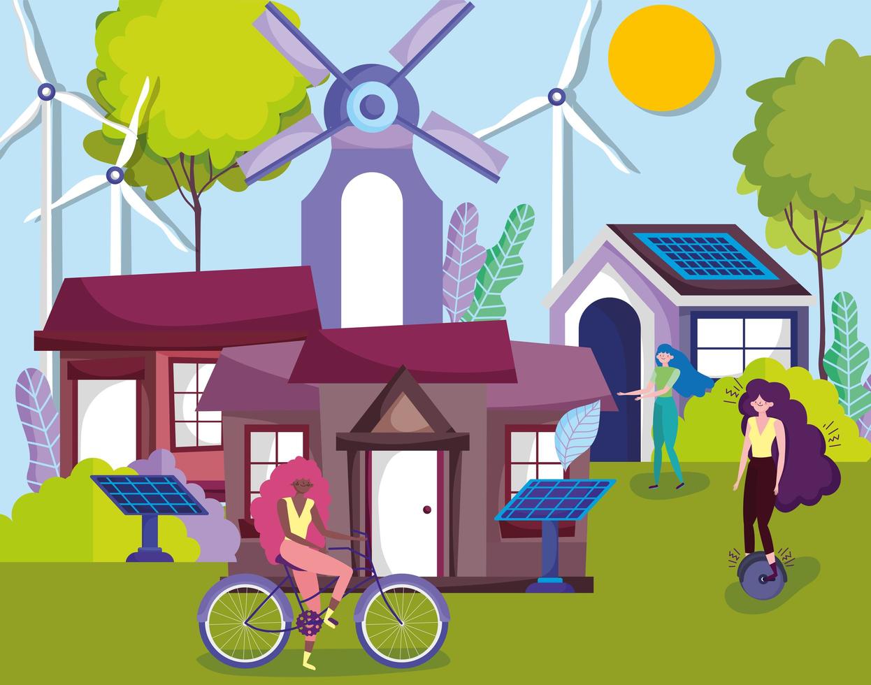 women doing outdoor activities in an eco city vector