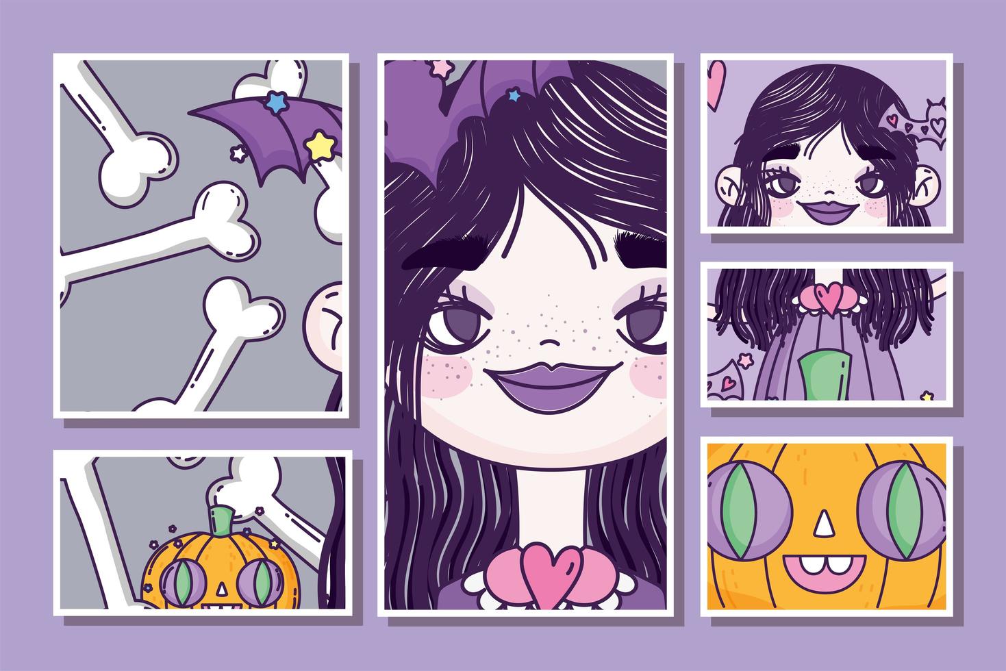 Cute Halloween poster set with little witch vector