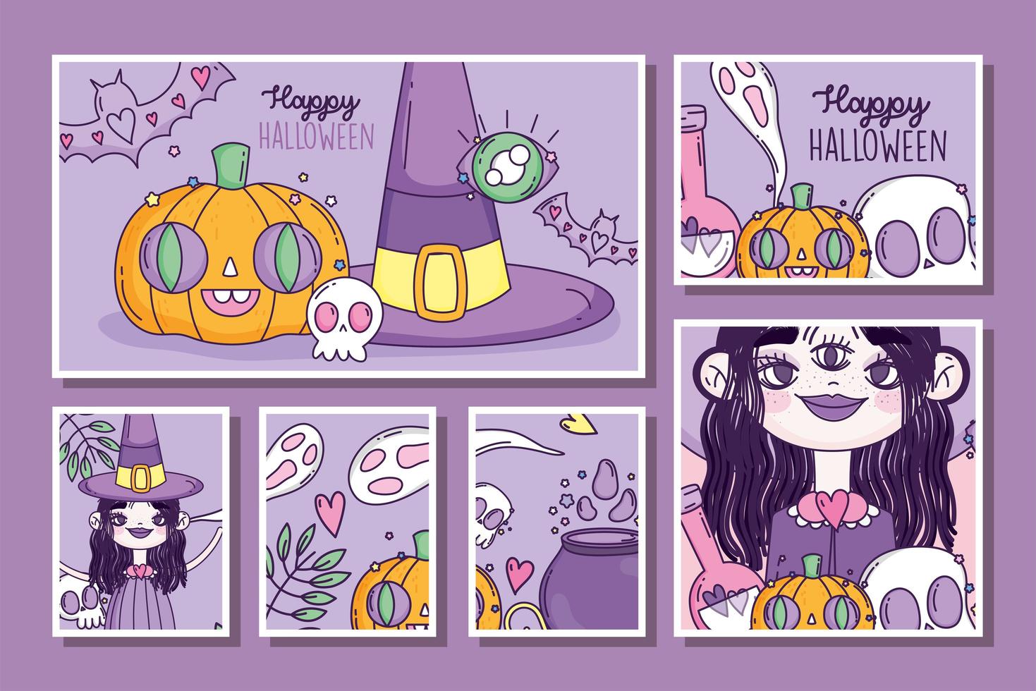 Cute Halloween poster set with little witch vector