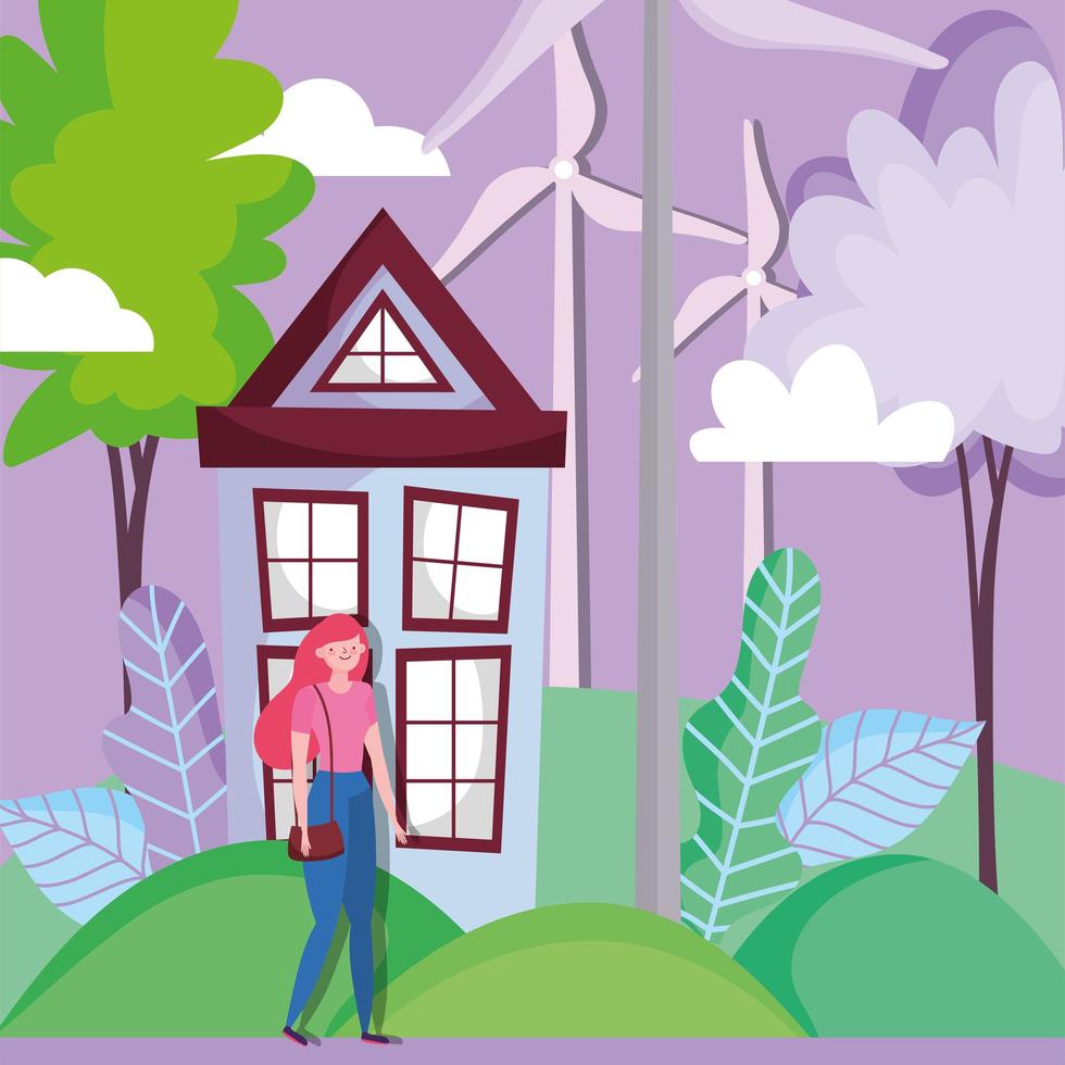 woman with house and wind energy turbine for ecology concept vector