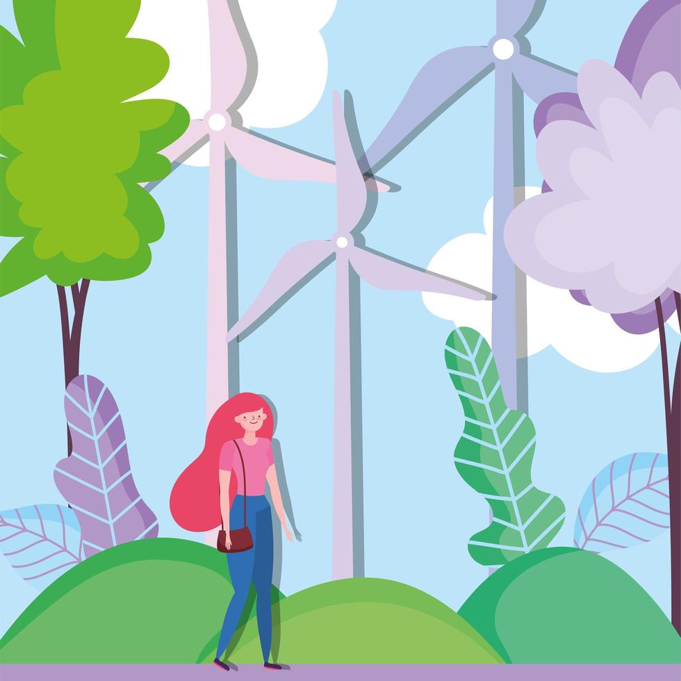 woman with wind energy turbines for ecology concept vector