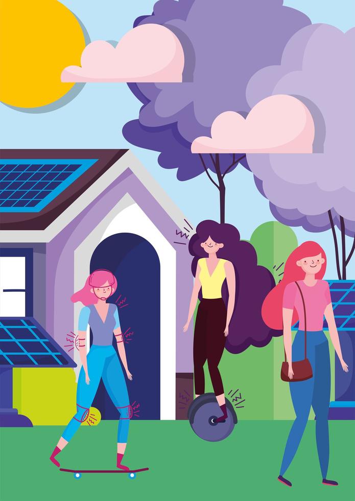 women doing outdoor activities in an eco city vector