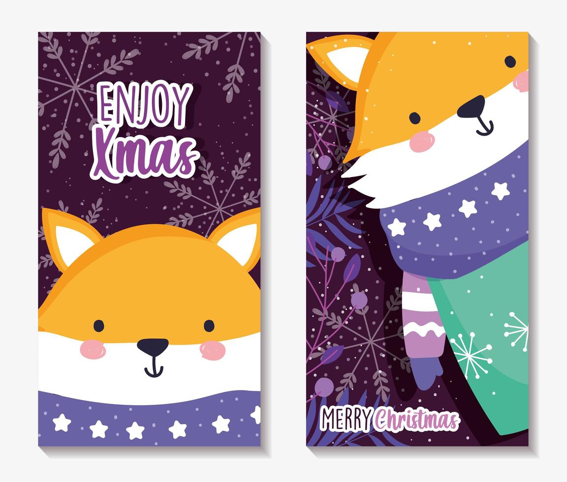 Merry Christmas poster set with happy fox vector