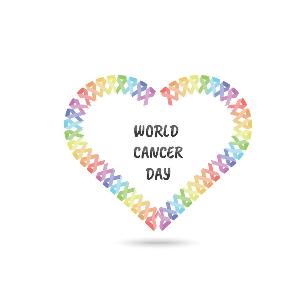 banner del día mundial del cáncer con forma de corazón de cinta de colores vector