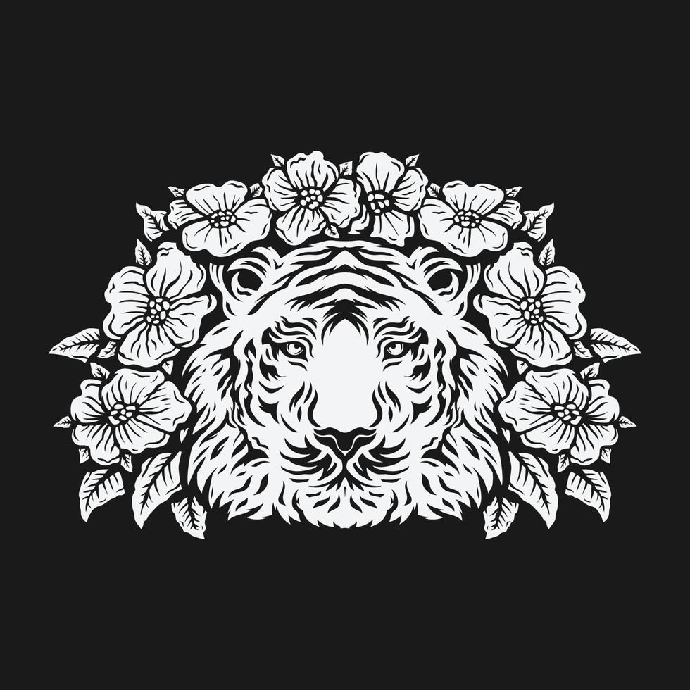 tiger head surrounded by rose flower. black and white drawing. vector illustration