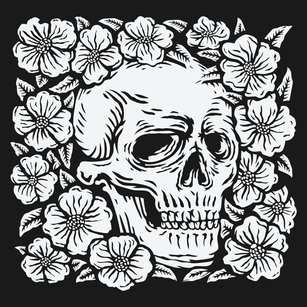 hand drawing skull surrounded by rose flower vector illustration