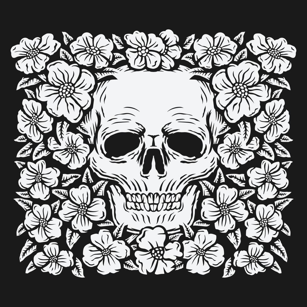 hand drawing skull surrounded by rose flowers vector illustration