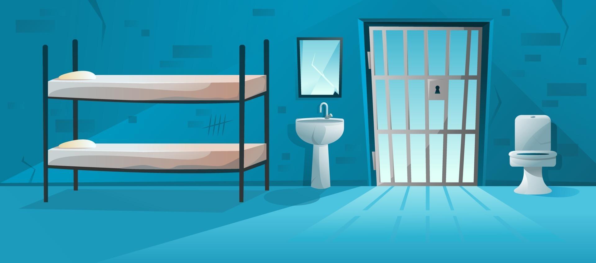 Prison cell interior with lattice, grid door, bunk bed, toilet bowl, washbasin and scratched, cracked brick walls illustration. Jail room in cartoon style vector