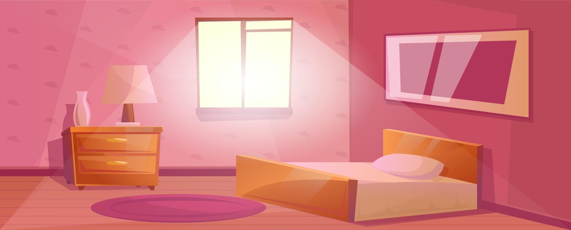 Bedroom interior with window and a large bed Nightstand with the lamp and vase. Purple carpet on the floor. Textured Wallpaper with pictures on the wall. Cartoon room in pink color vector