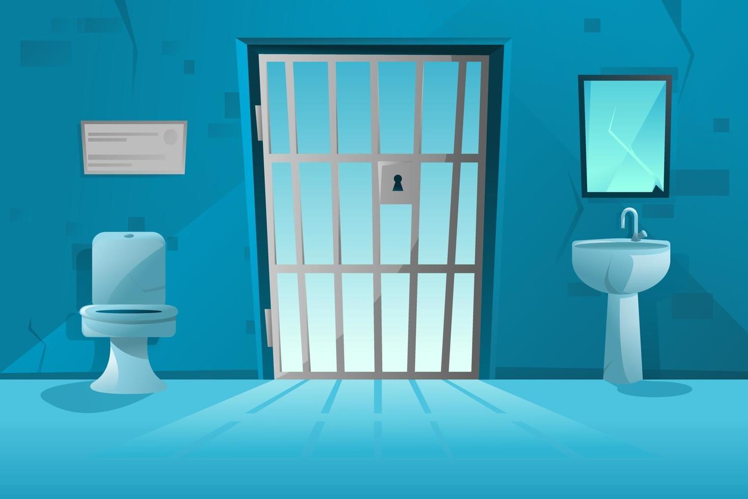 Prison cell interior with lattice, grid door, toilet bowl, washbasin and broken mirror, dirty walls. Jail room. Cartoon vector