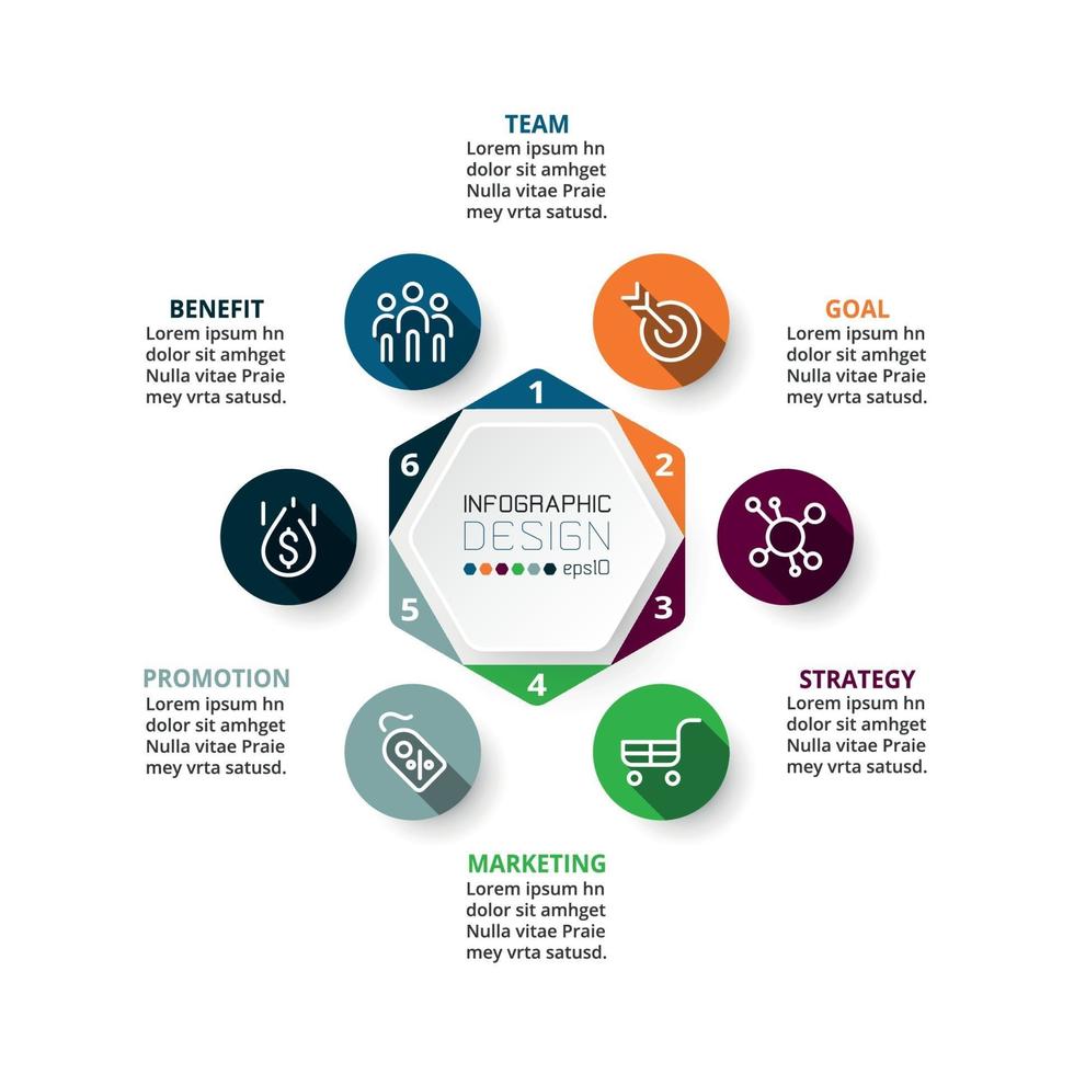 Hexagonal 6-step diagrams to explain presentations and planning ideas. vector