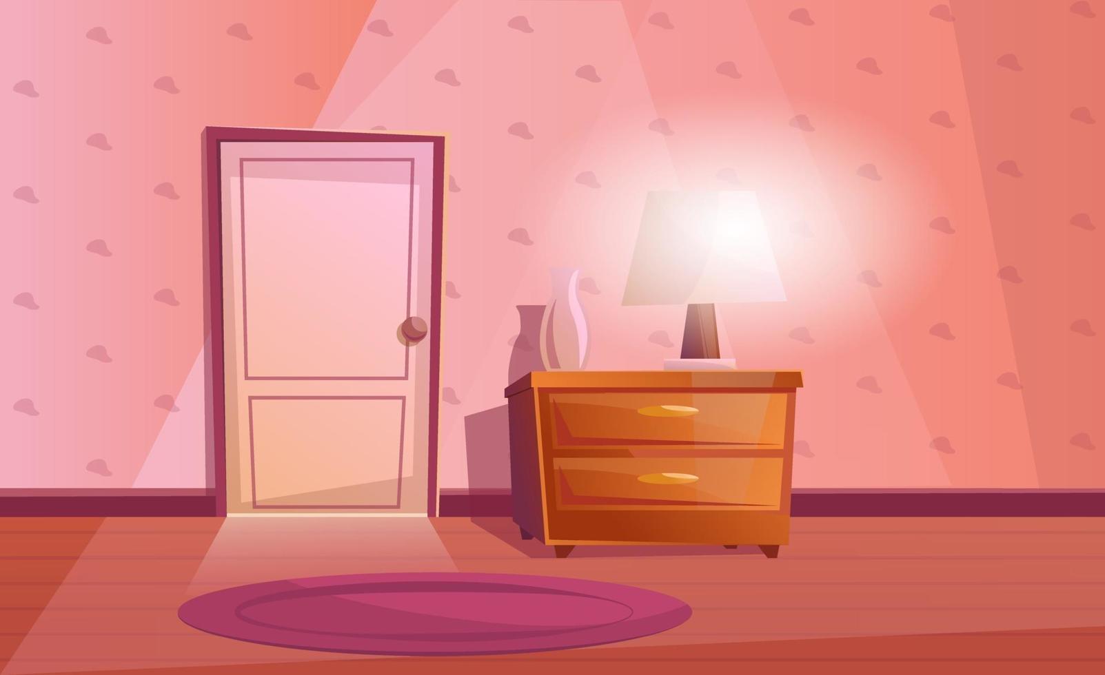 Room interior with door, nightstand with the lamp and vase. Purple carpet on the floor. Textured Wallpaper. Cartoon room in pink color vector