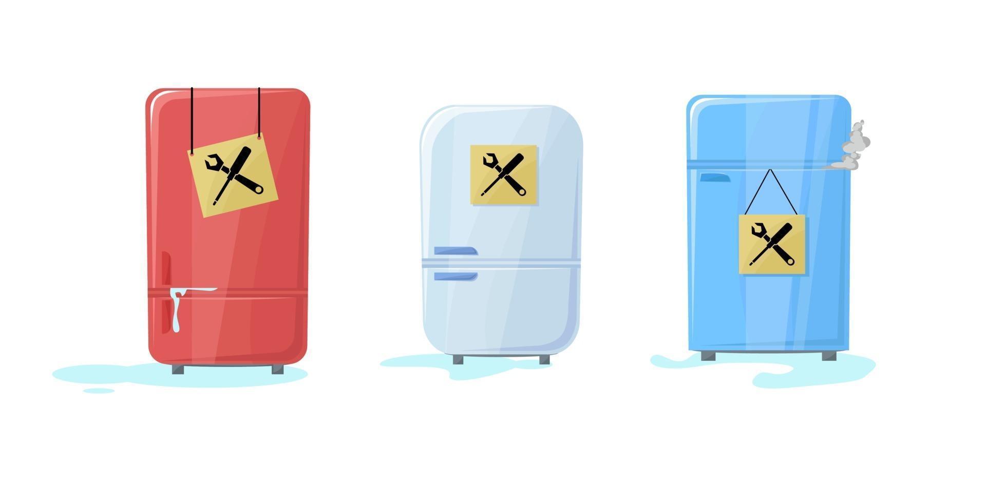 Fridge broken set with water flowing out. Freezer stoped working. A bit smoke from internally. Refrigerator. Sign board with maintenance icons. Need in service to fix. Vector illustration in cartoon