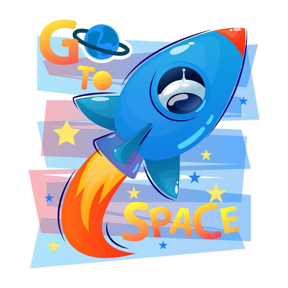 Spaceship fly in cartoon style with fire and cosmonaut or astronaut in window . Slogan. Go to space. Vector icon for web design isolated on white background