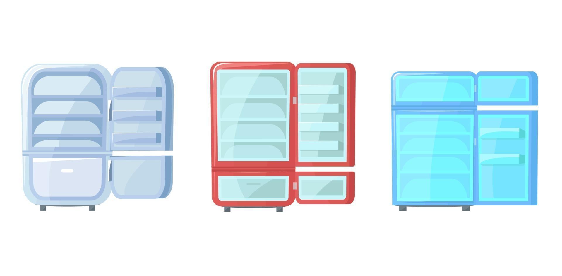 conjunto de nevera vacía abierta. gratis diferentes refrigeradores. ilustración vectorial en estilo de dibujos animados. vector