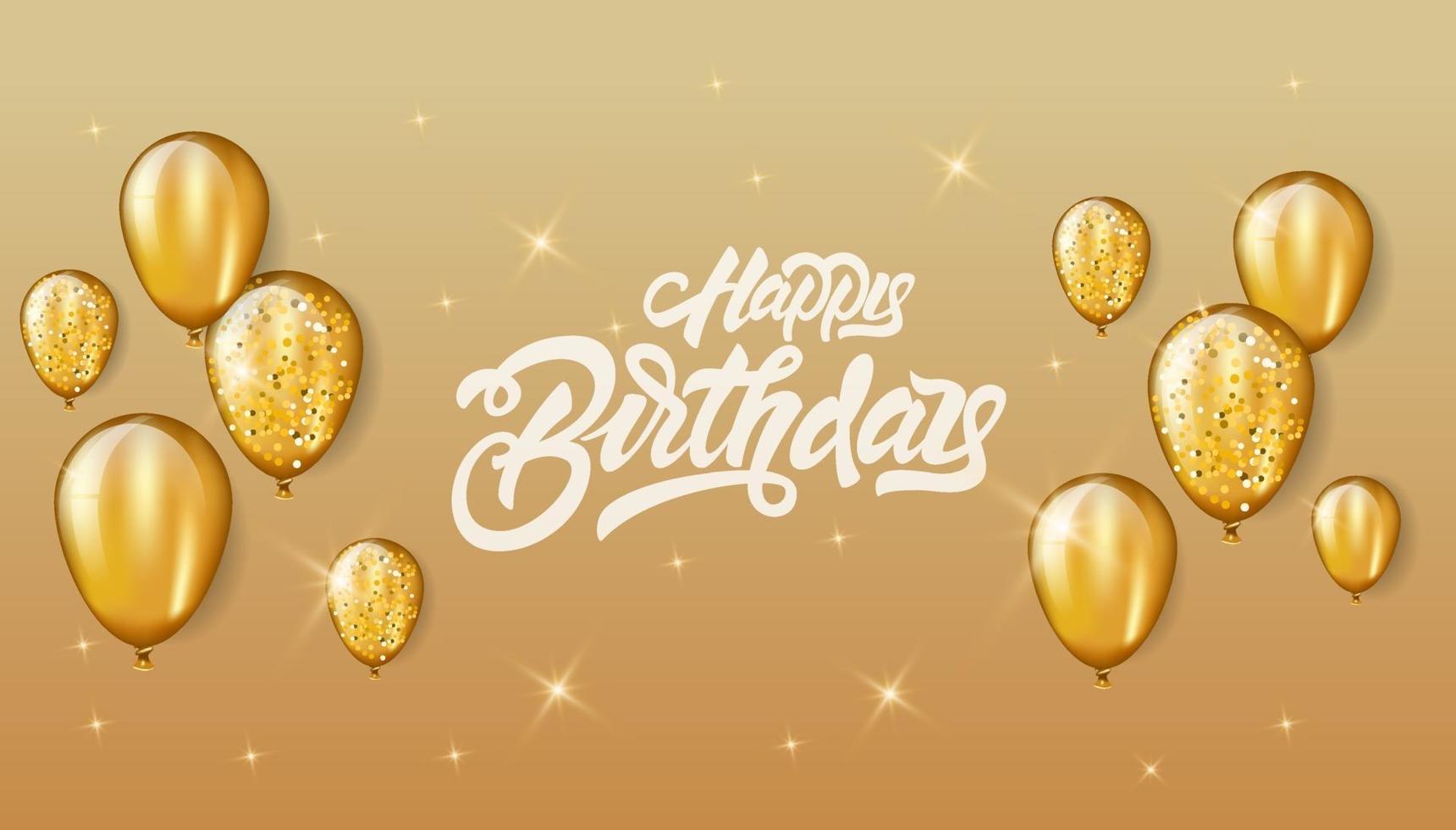 feliz cumpleaños con diseño de celebración de letras para tarjeta de felicitación, póster o pancarta con globo, confeti y degradado. Fondo de globos de oro brillo. vector