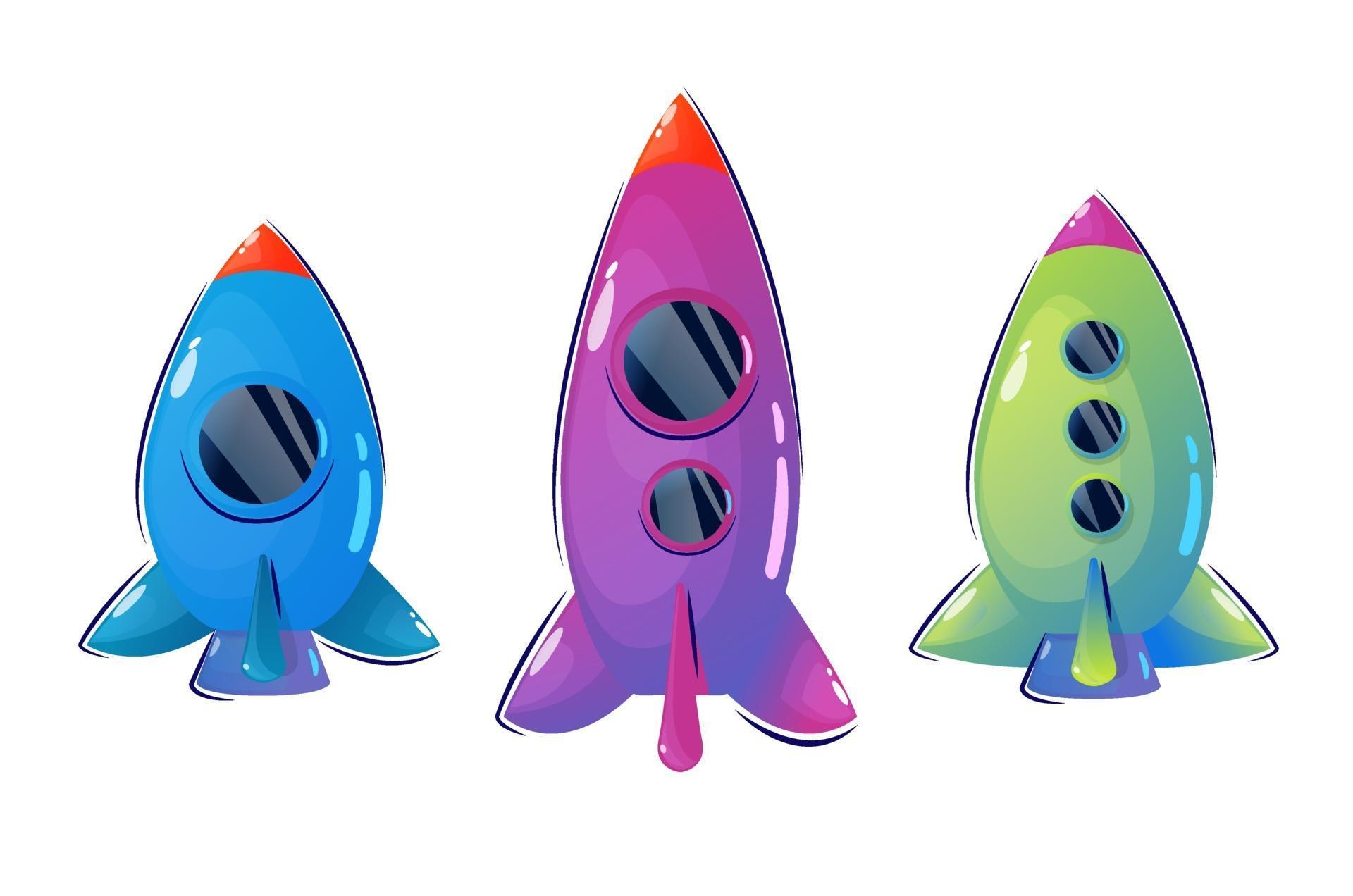 Spaceship set in cartoon style. Vector icons for web design isolated on