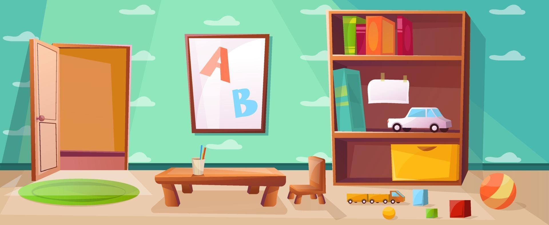 Playroom for kids or children with games, toys, abc. Interior with open door and wardrobe. Elementary school class with table for studying. Wallpaper with cloud illustration. vector