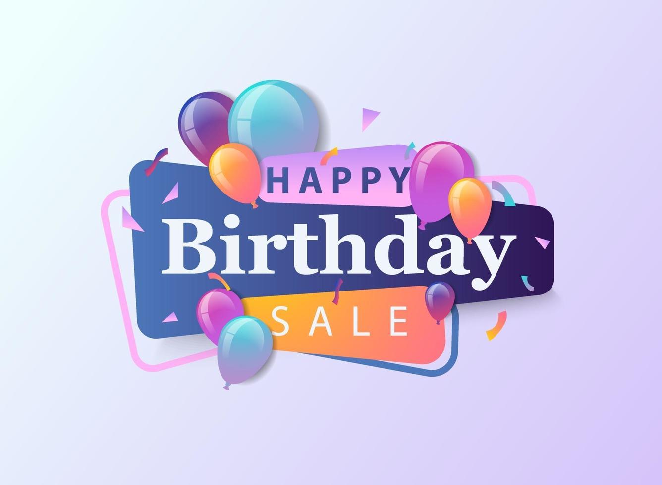 Happy Birthday Sale celebration design for greeting card, poster or banner with balloon, confetti and gradient. vector