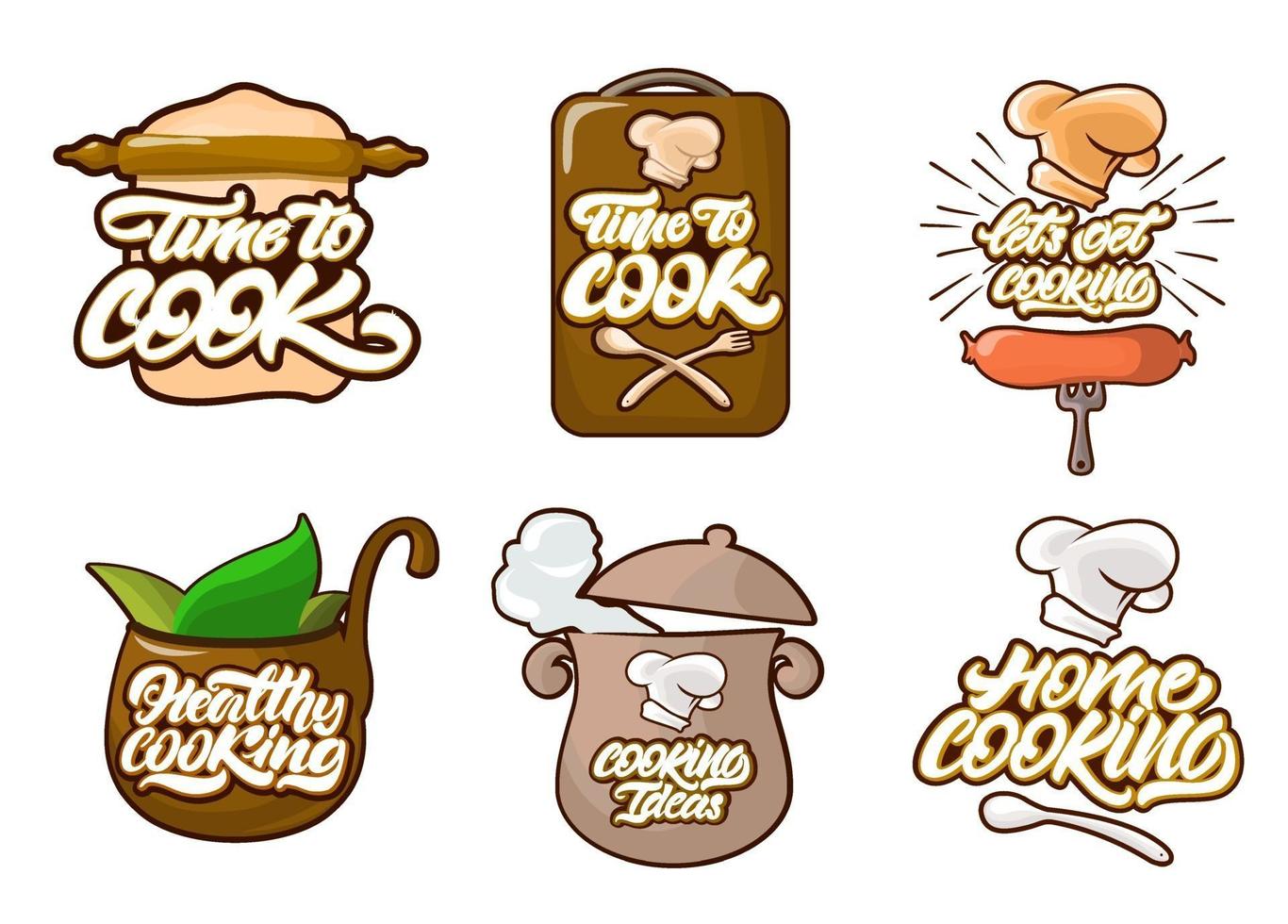 Cooking colour logos set in cartoon style. Cook, chef, kitchen utensils icon or logo. Handwritten lettering vector illustration