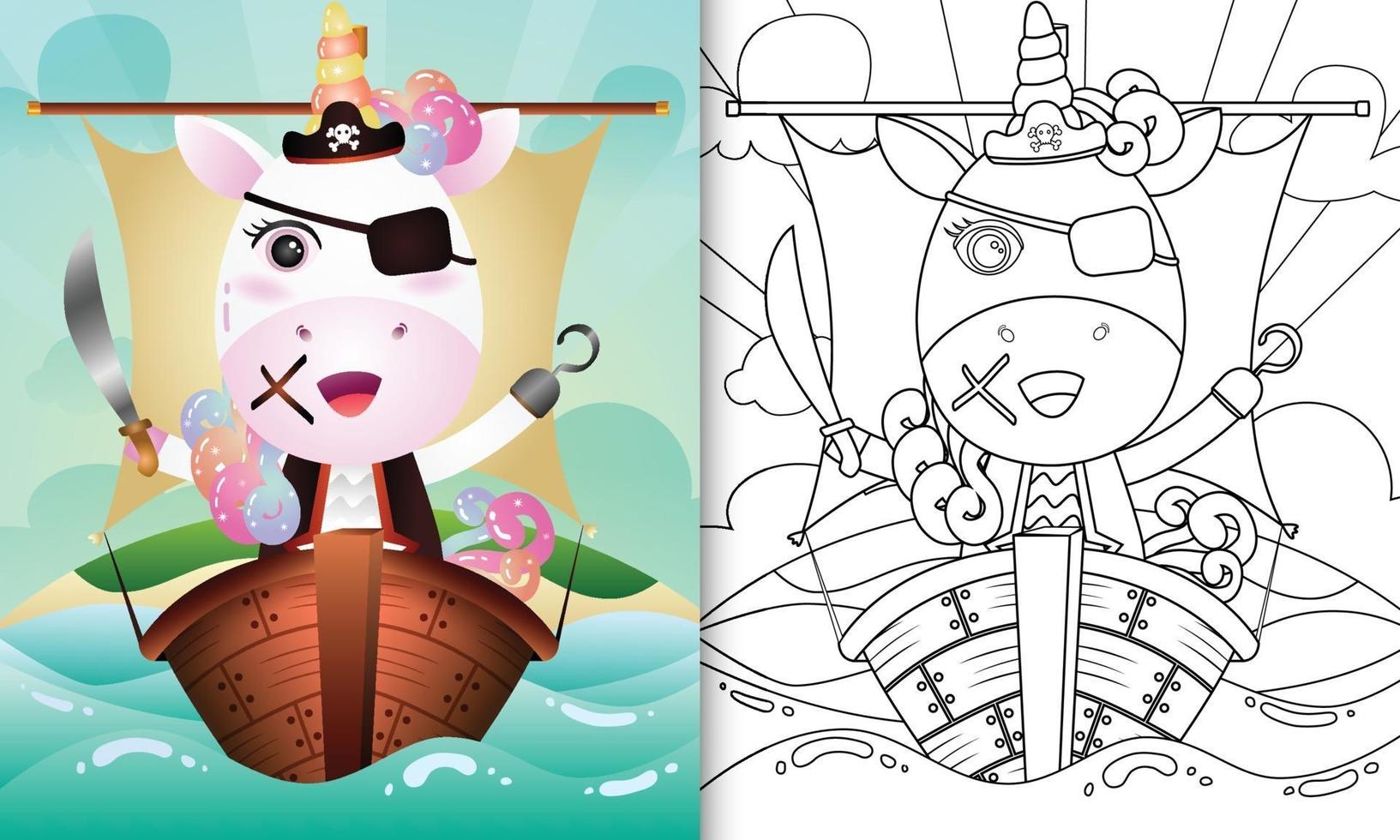 libro para colorear para niños con una linda ilustración de personaje de unicornio pirata vector