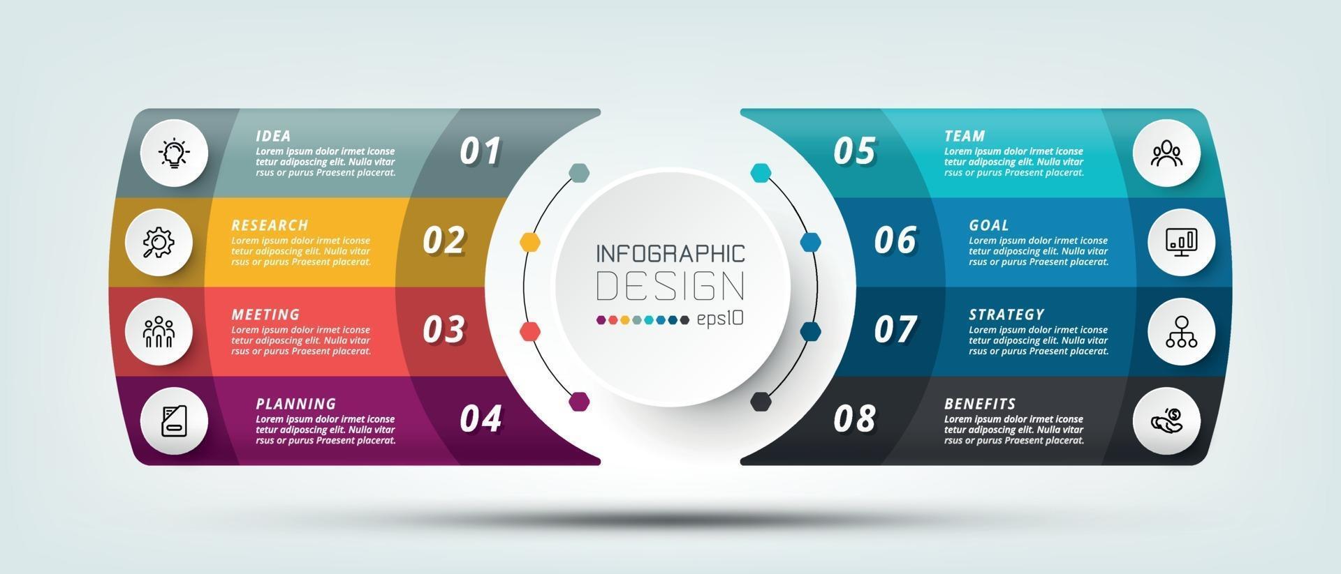 Information presented in a modern way through a text box format with 8 parts to work, used for planning, reporting. Workflow explanation, infographic design. vector