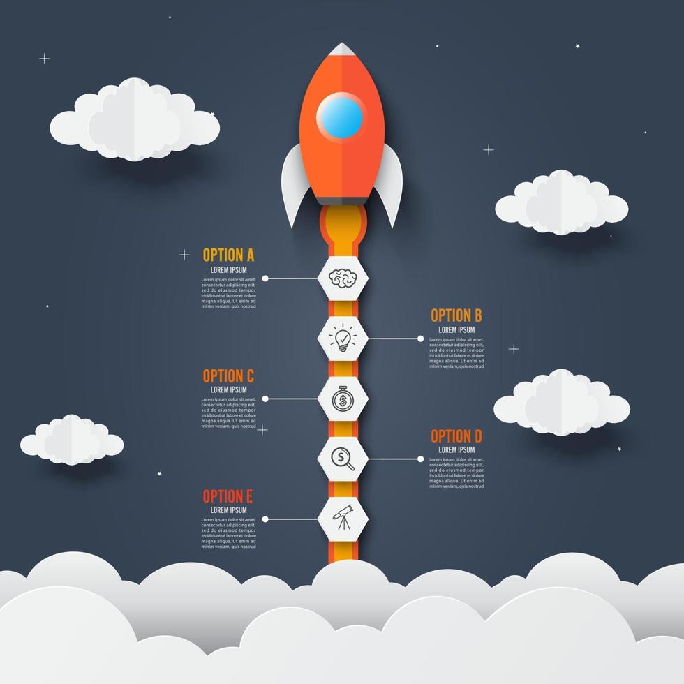 plantilla de infografía de cohete a través de las nubes. concepto de negocio de inicio exitoso. utilizado para diseño web y diseño de flujo de trabajo. vector