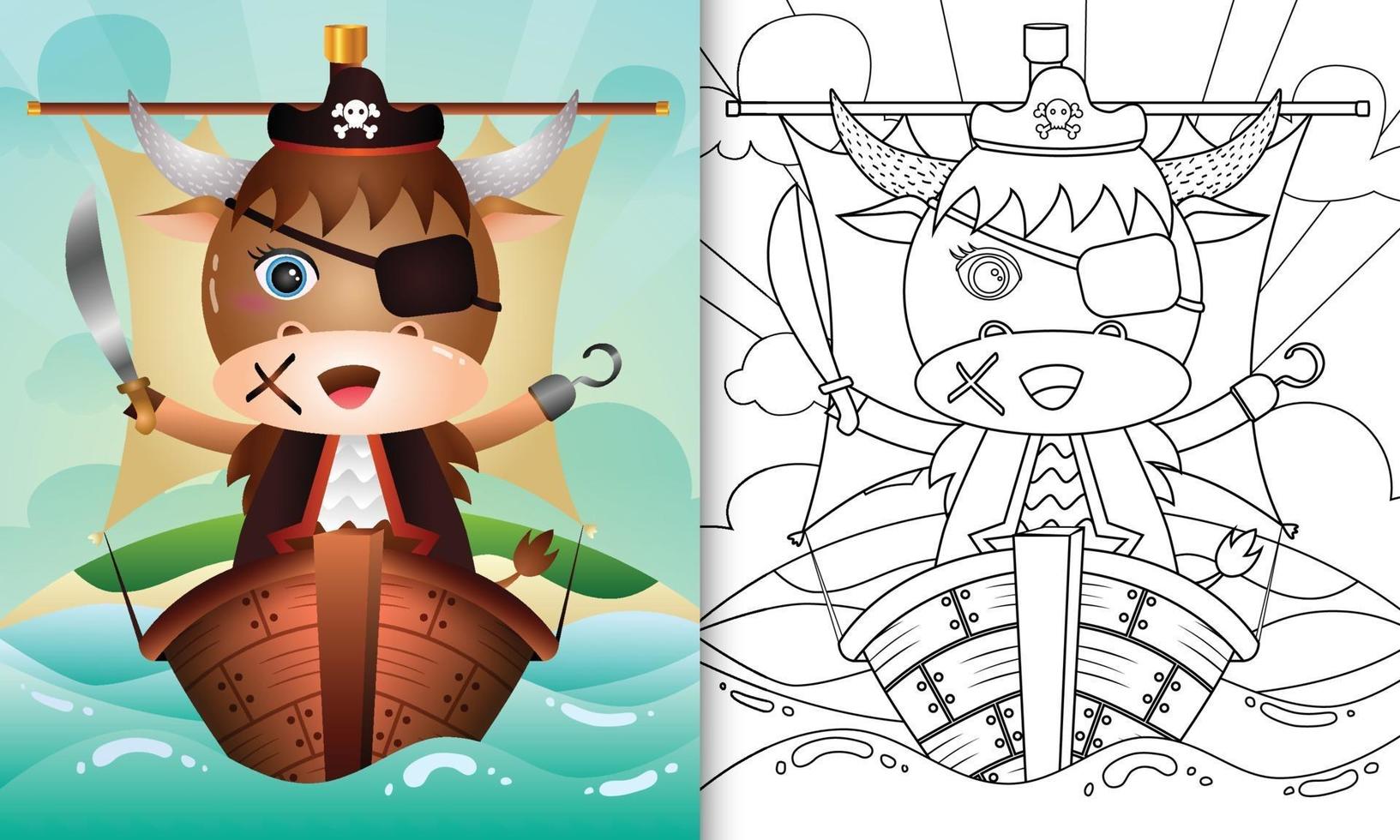 Coloring book for kids with a cute pirate buffalo character illustration vector