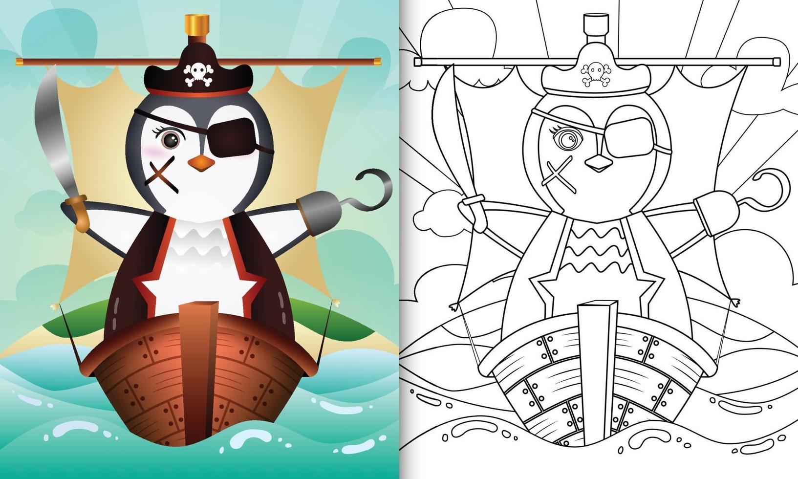 libro para colorear para niños con una linda ilustración de personaje de pingüino pirata vector