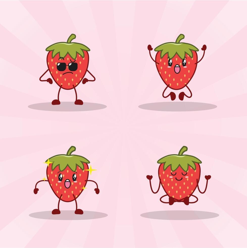 strawberry cute expression set collection. strawberry mascot character vector