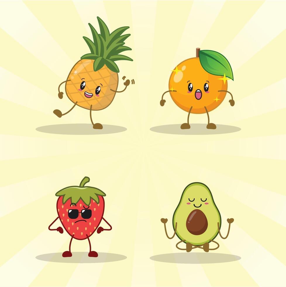 strawberry, orange, avocado, pineapple cute expression set collection. vector