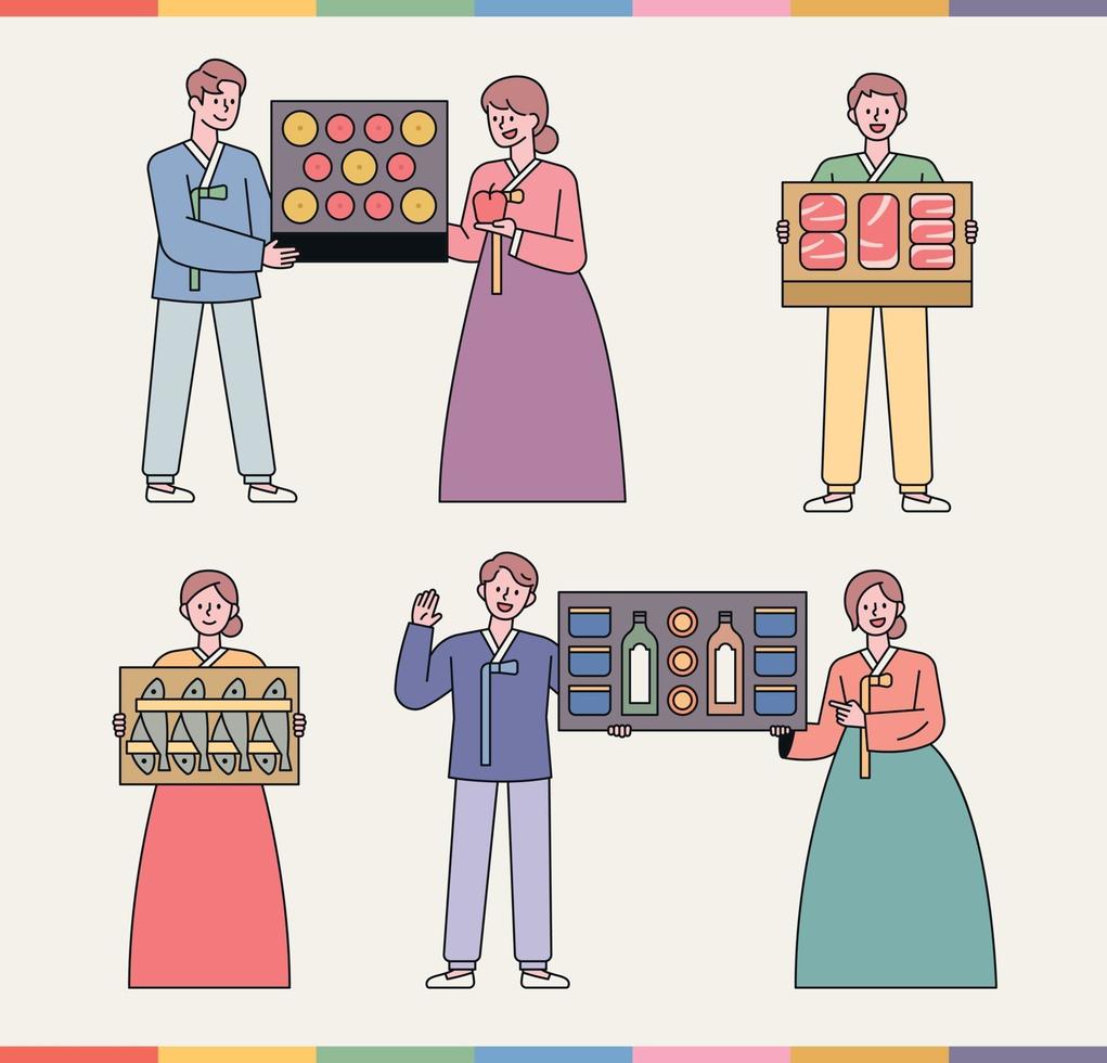 A gift set that Koreans love. People in traditional Korean costumes are showing off gift items. vector