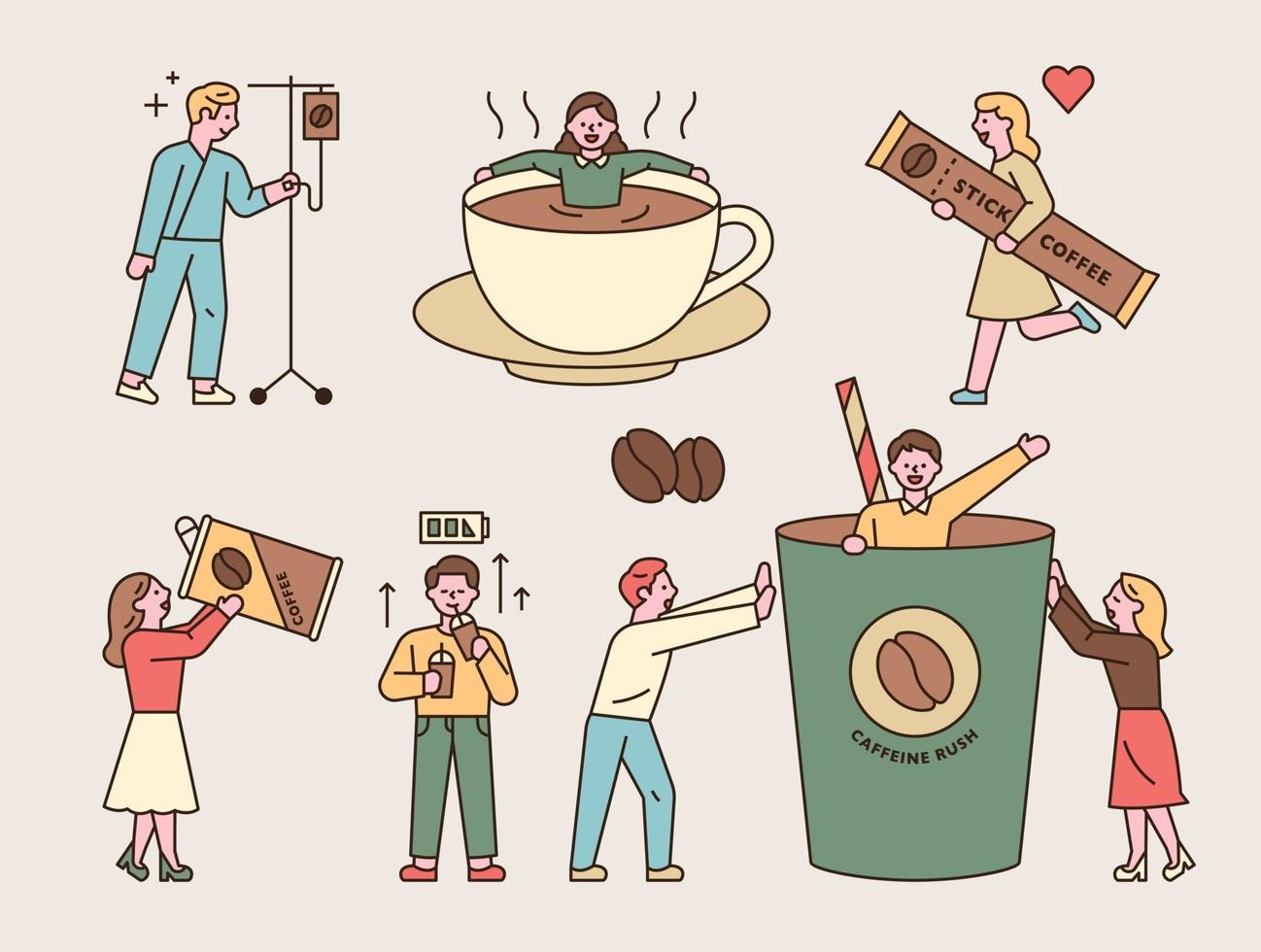People addicted to coffee caffeine. Someone who falls into a cup, a person is hit by a ringer, a person drinks with a large can, someone pops out of a cup, someone carries a stick coffee vector