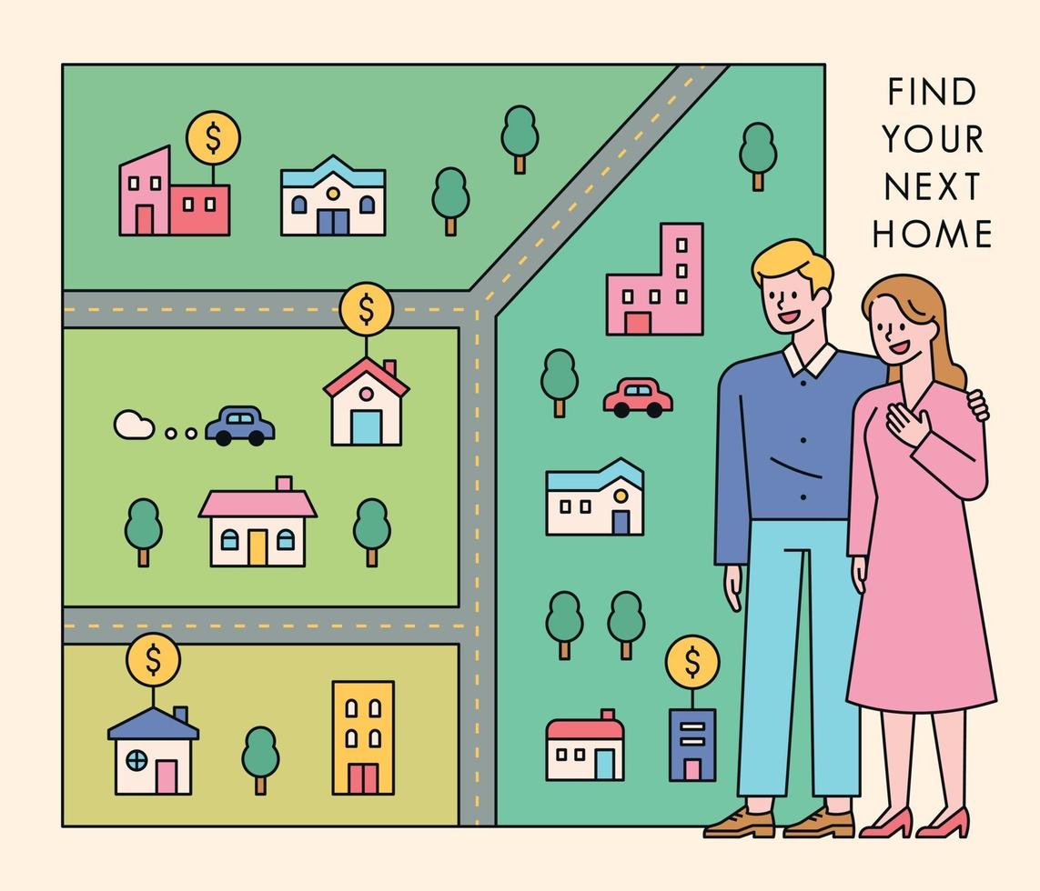 A couple is looking for a house. A couple is standing and a map is spread out to the side. vector