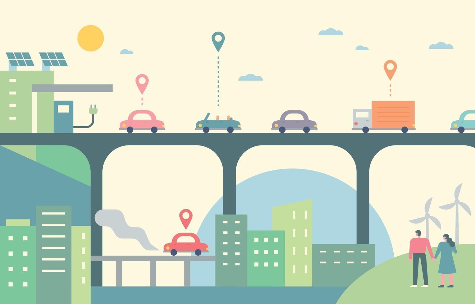 Cars on the urban overpass. Cars running with friendly energy. vector