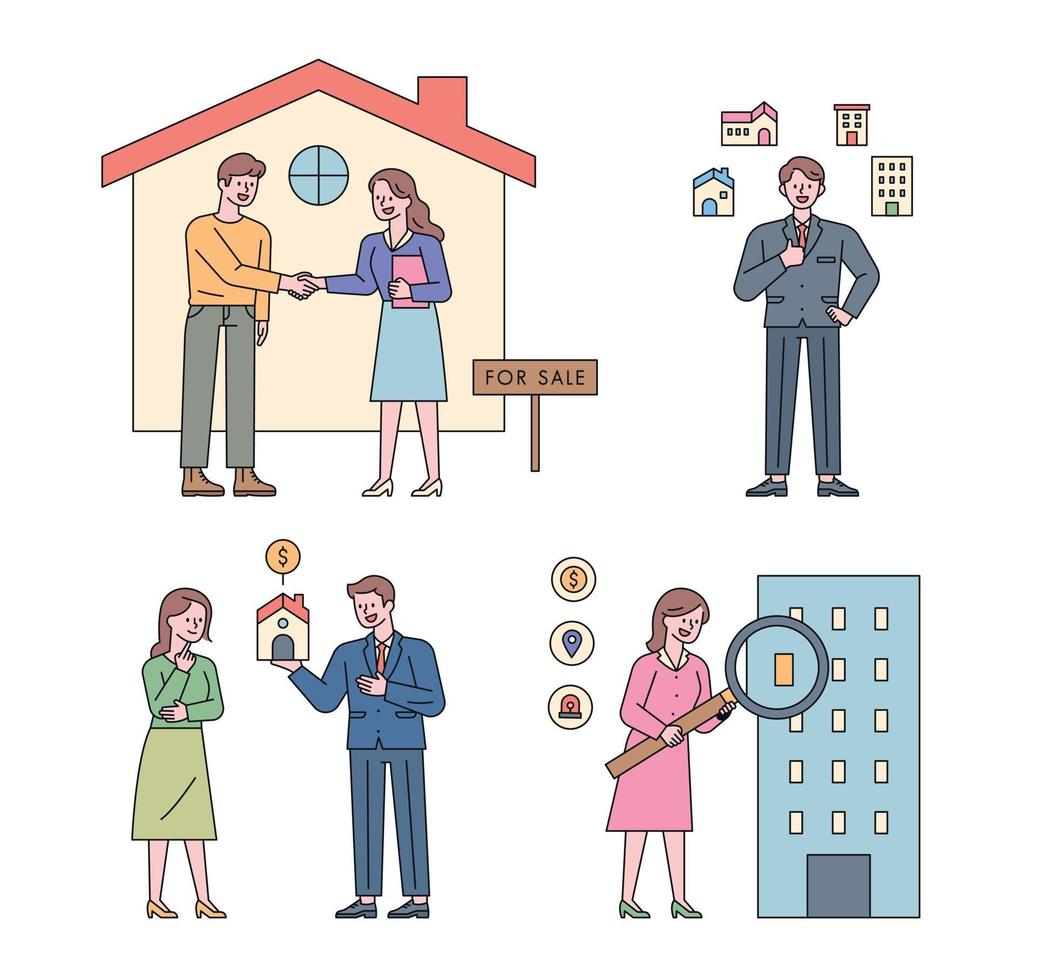 Collection of real estate characters. People are looking for a house contract, a property introduction, an explanation, and with a magnifying glass. vector