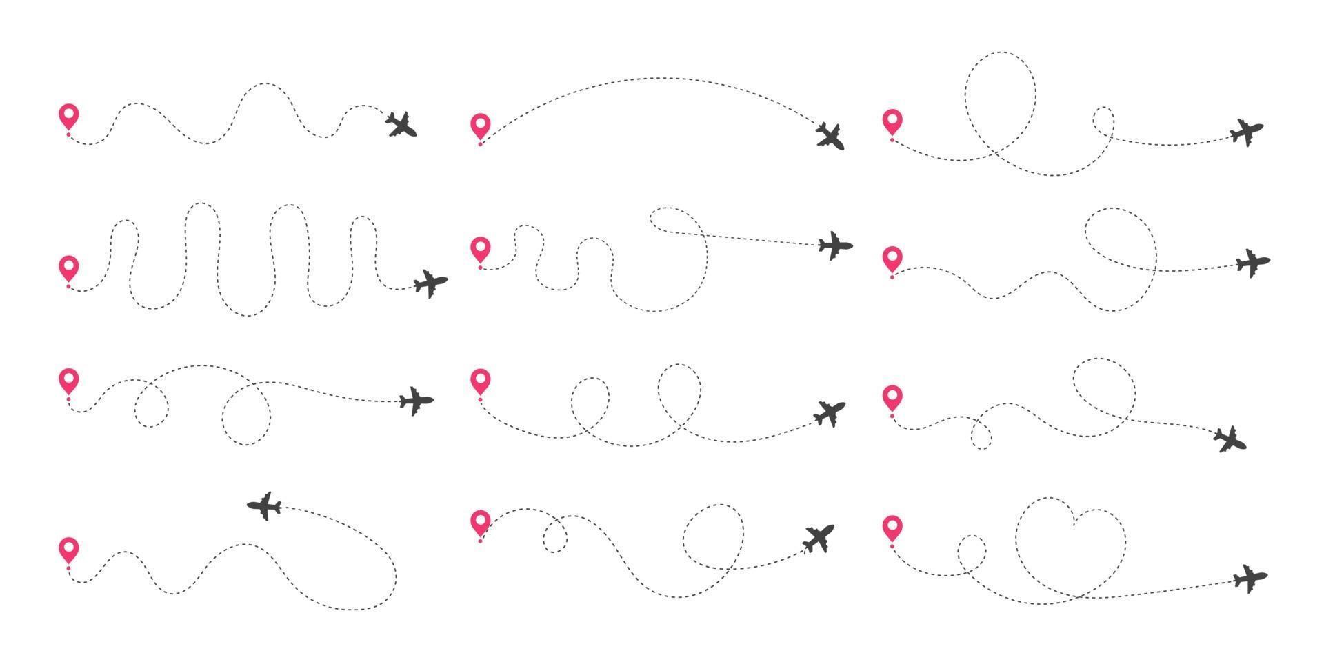 Airplane routes. Travel vector icon. Travel from start point and dotted line tracing.