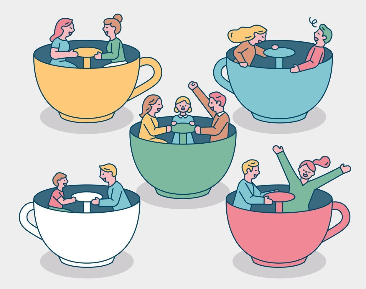 la gente está montando tazas de té en un parque de atracciones. la familia y la pareja se divierten sentados en tazas de té. vector