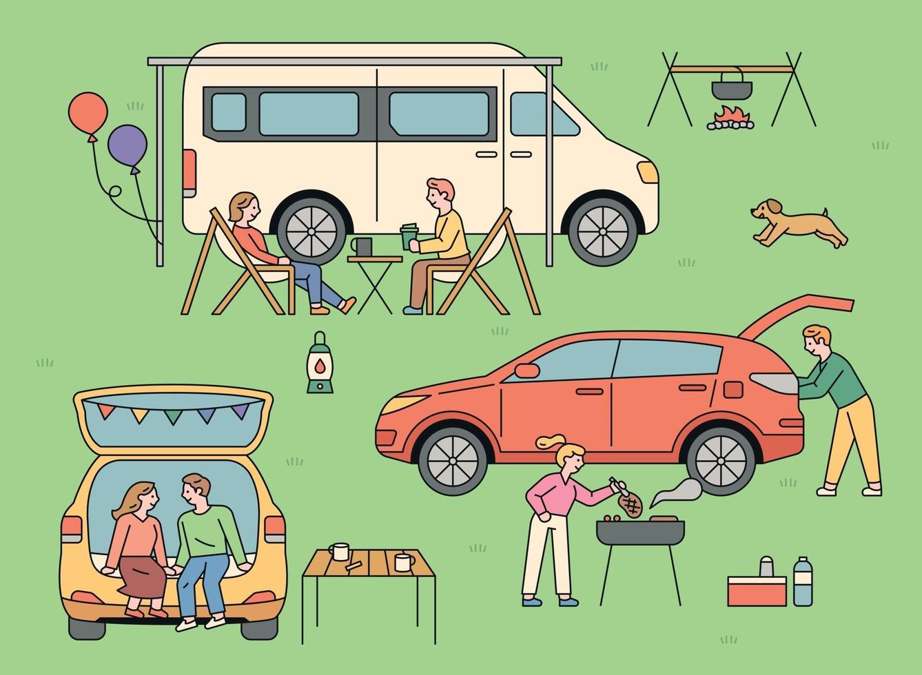 People who enjoy auto camping. Outdoors, people are camping in vans and cars. vector